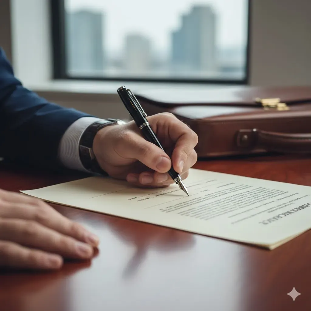 Homme en costume signant un contrat avec un stylo-plume sur un bureau.